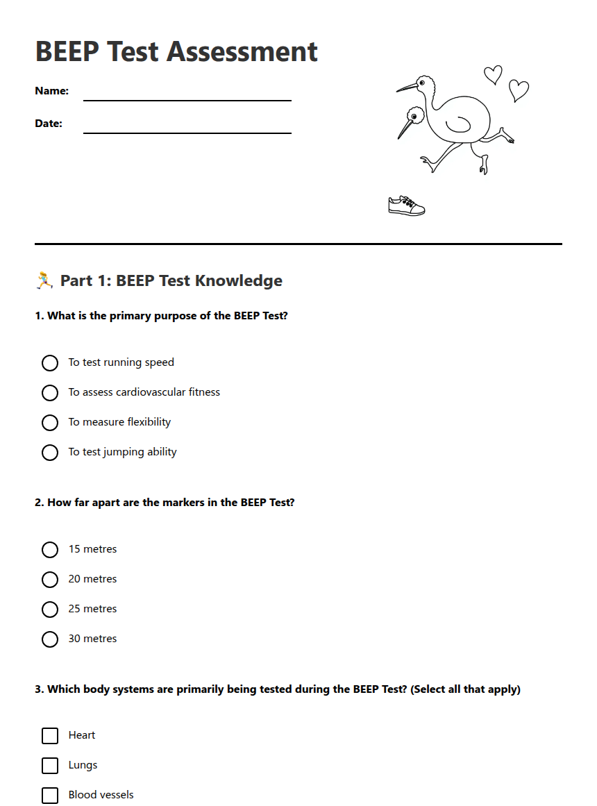 BEEP Test Assessment — Free Printable Worksheet for PE | Kuraplan