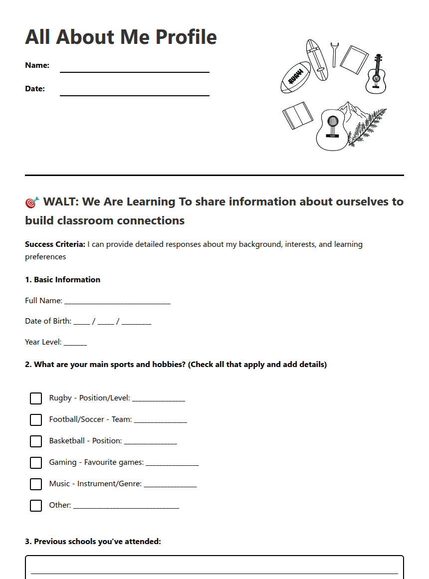 All About Me Profile — Free Printable Worksheet for English | Kuraplan