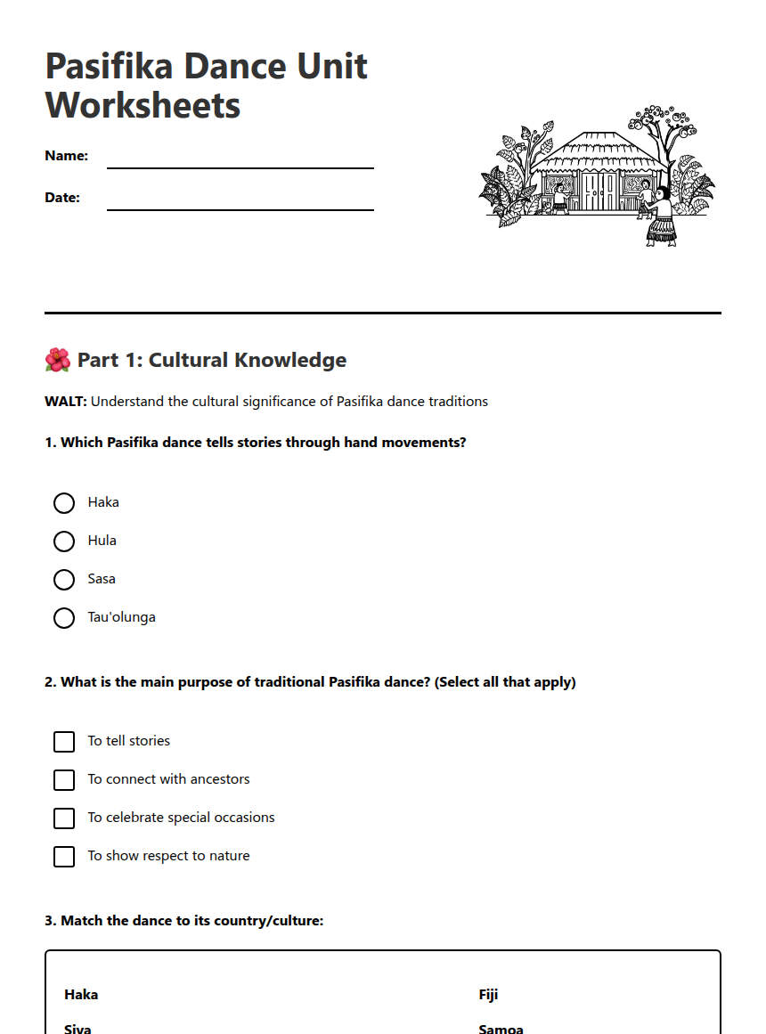 Pasifika Dance Unit Worksheets — Free Printable Worksheet for Arts ...