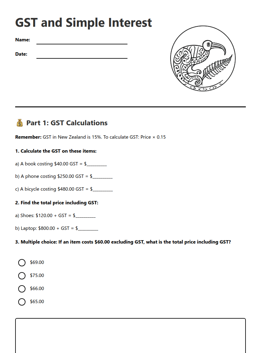 Class 5th Simple Interest Worksheet.pdf GST and Simple Interest — Free Printable Worksheet for Maths | Kuraplan