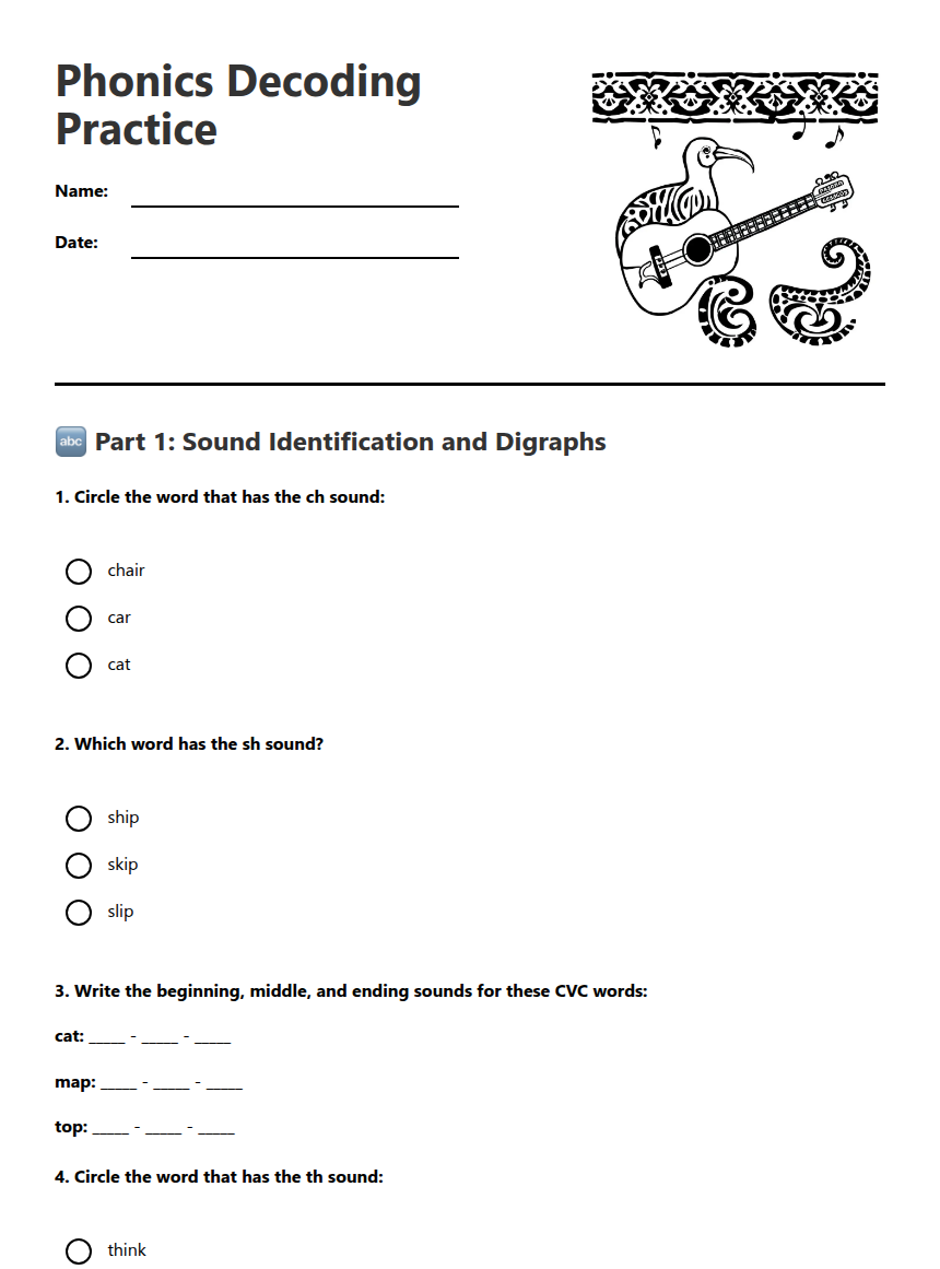 Phonics Decoding Practice — Free Printable Worksheet for English | Kuraplan