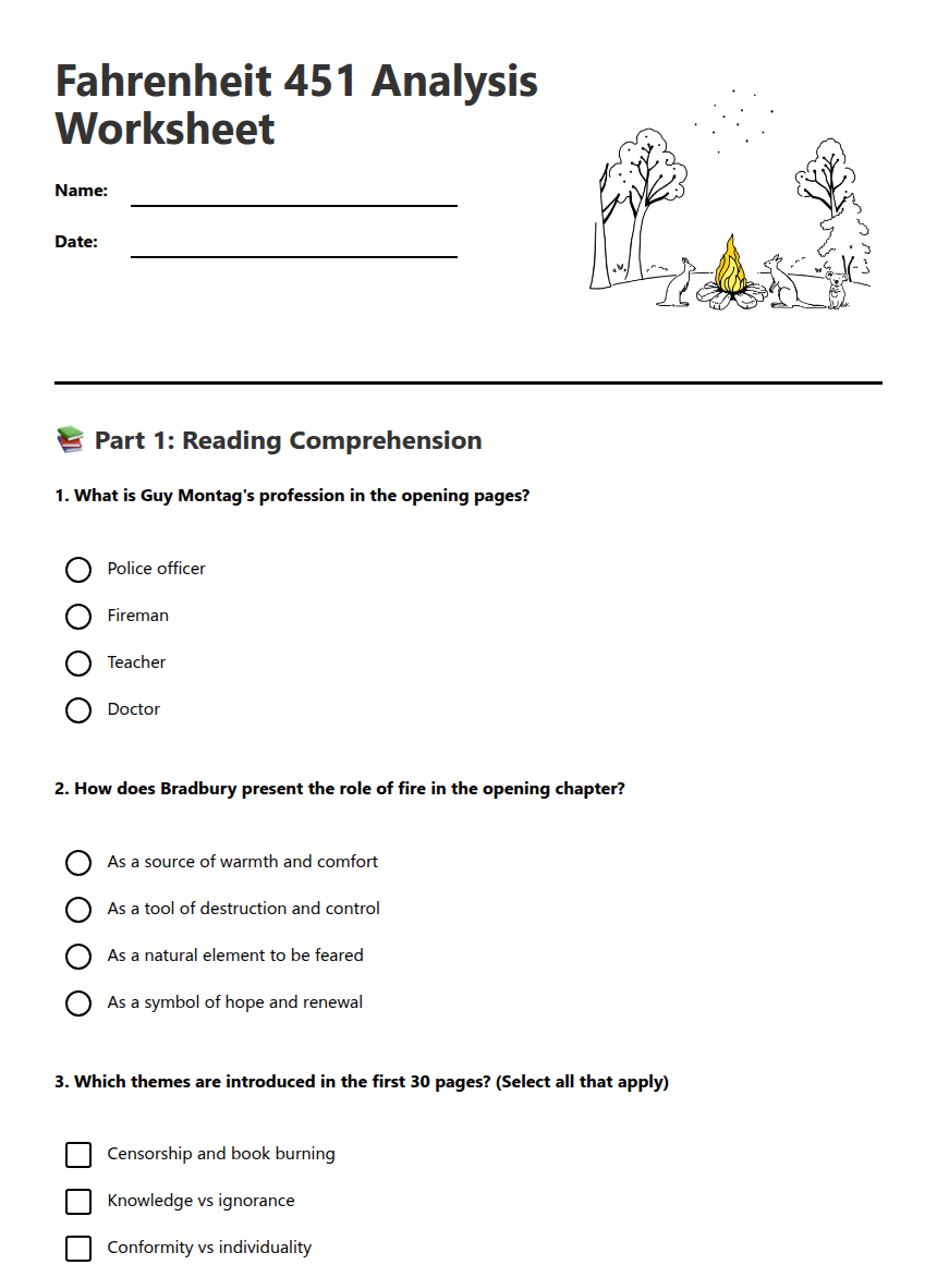 Fahrenheit 451 Analysis Worksheet — Free Printable Worksheet for ...