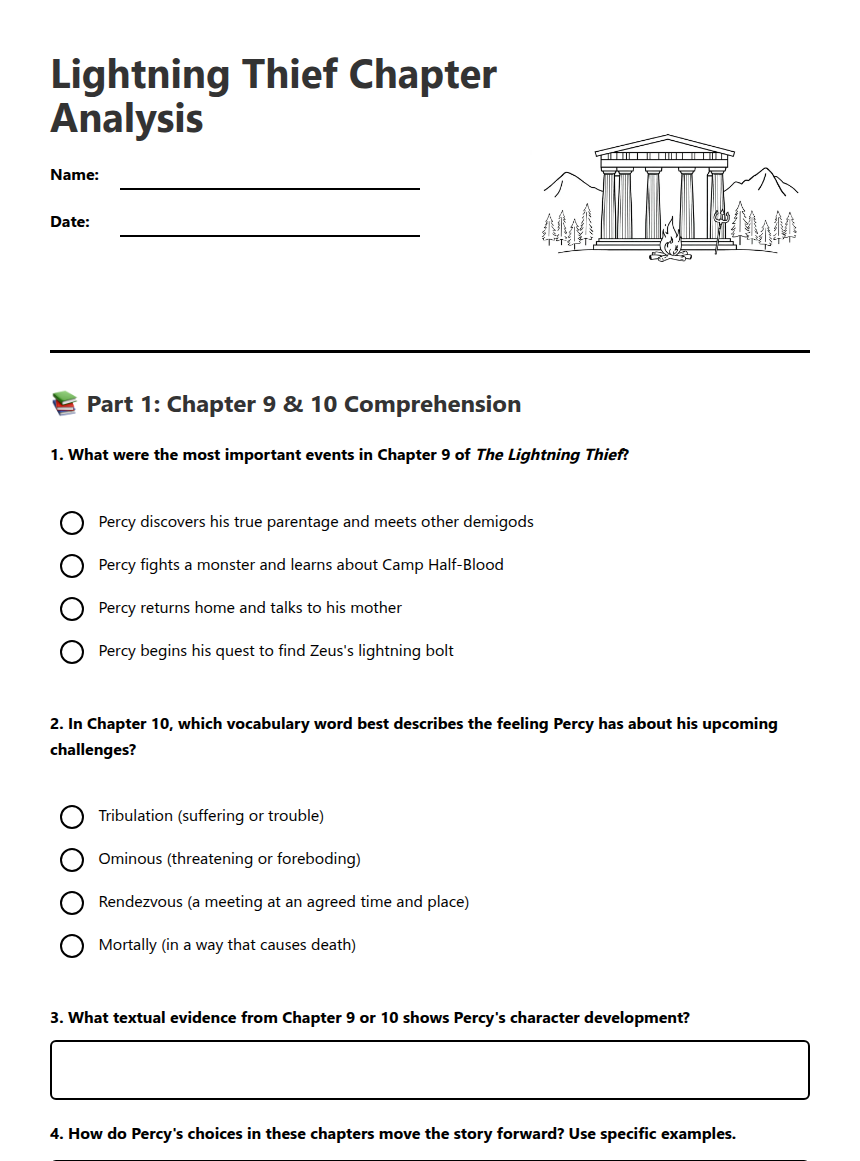 Lightning Thief Chapter Analysis — Free Printable Worksheet for English ...