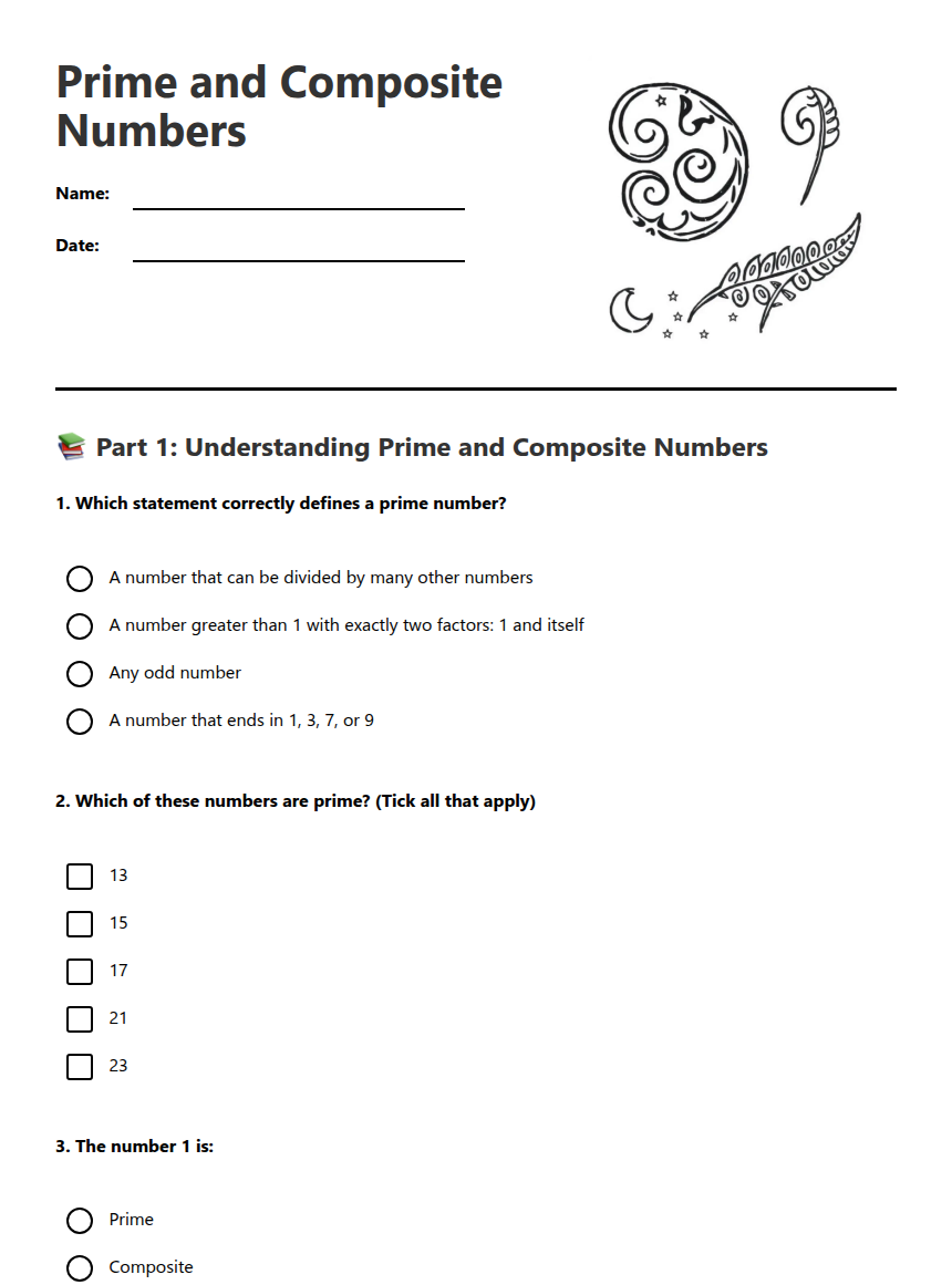 Prime and Composite Numbers — Free Printable Worksheet for Maths | Kuraplan