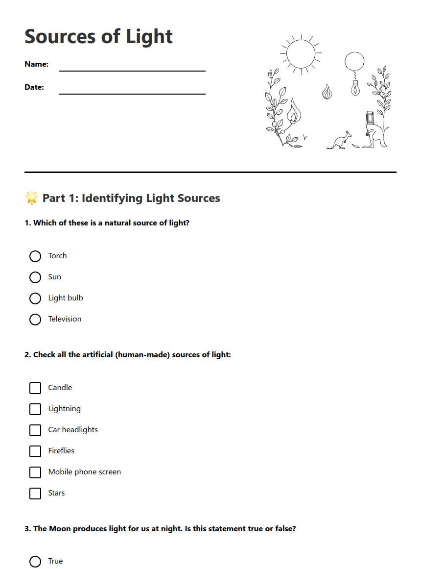 Sources of Light — Free Printable Worksheet for Science | Kuraplan