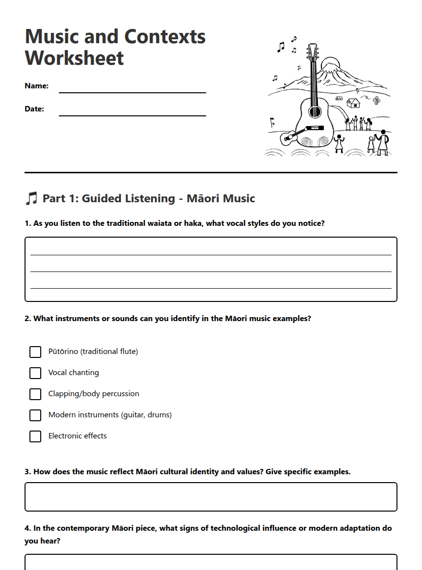 Music and Contexts Worksheet — Free Printable Worksheet for Music ...