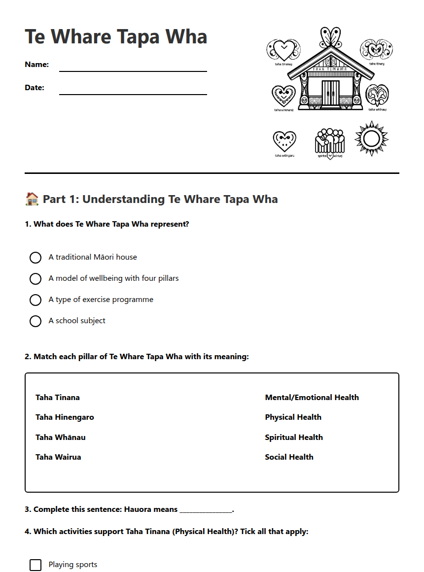 Ta Pac Worksheet Te Whare Tapa Wha — Free Printable Worksheet for Health | Kuraplan