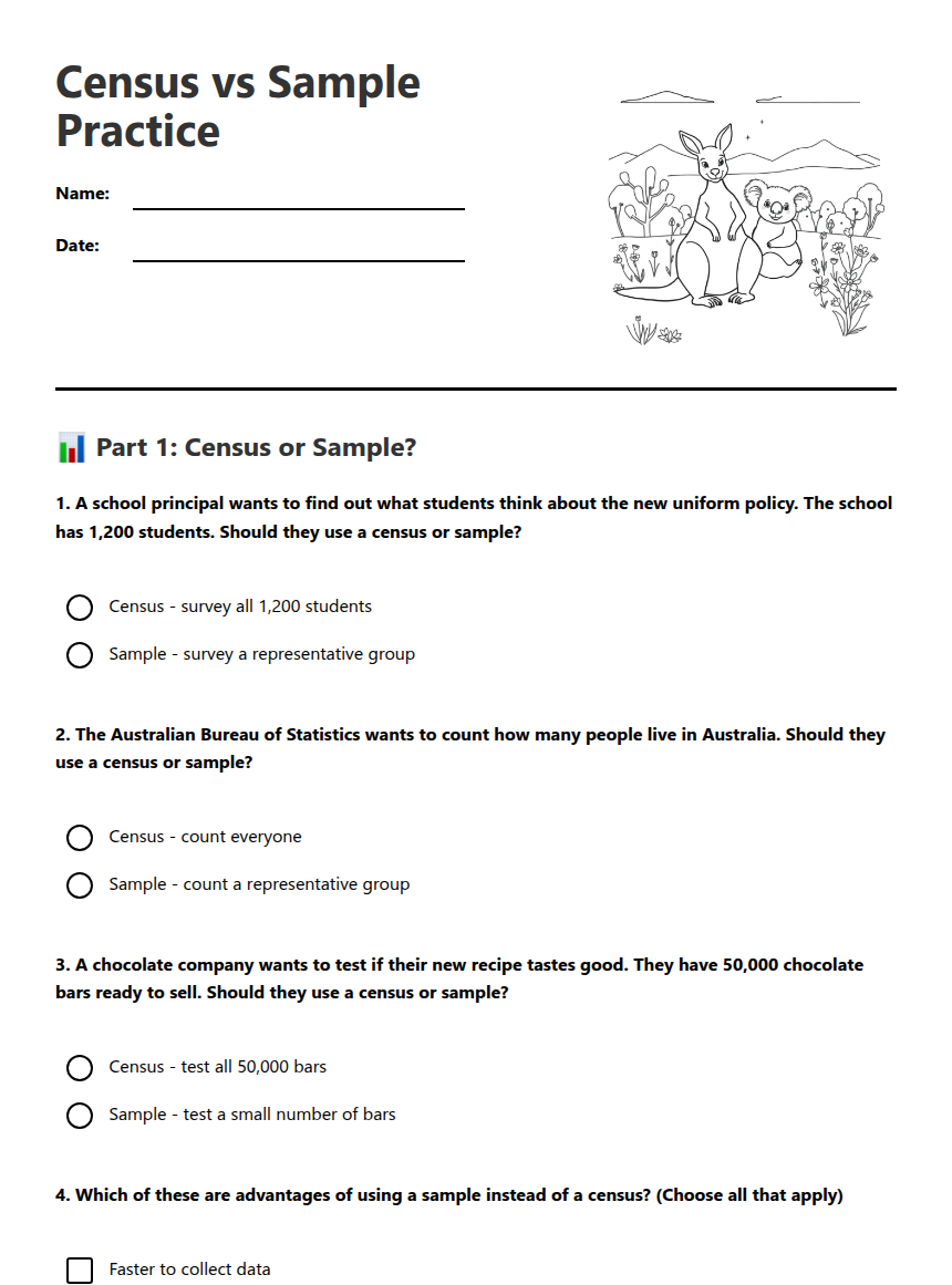Census vs Sample Practice — Free Printable Worksheet for Maths | Kuraplan