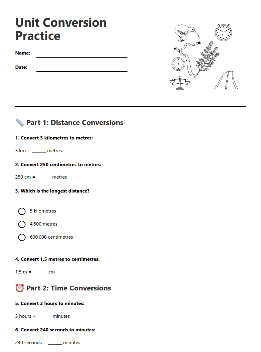 Unit Conversion Practice — Free Printable Worksheet for Maths | Kuraplan