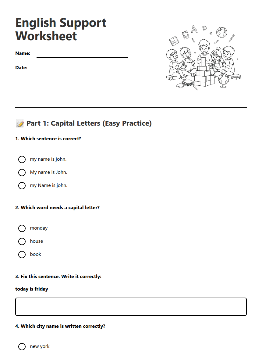 English Support Worksheet — Free Printable Worksheet for English