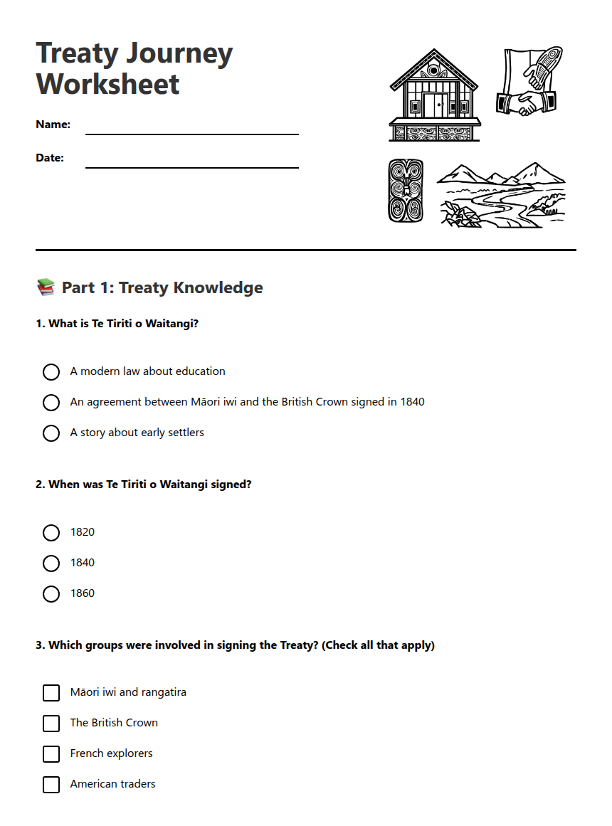Treaty Journey Worksheet — Free Printable Worksheet for NZ History ...