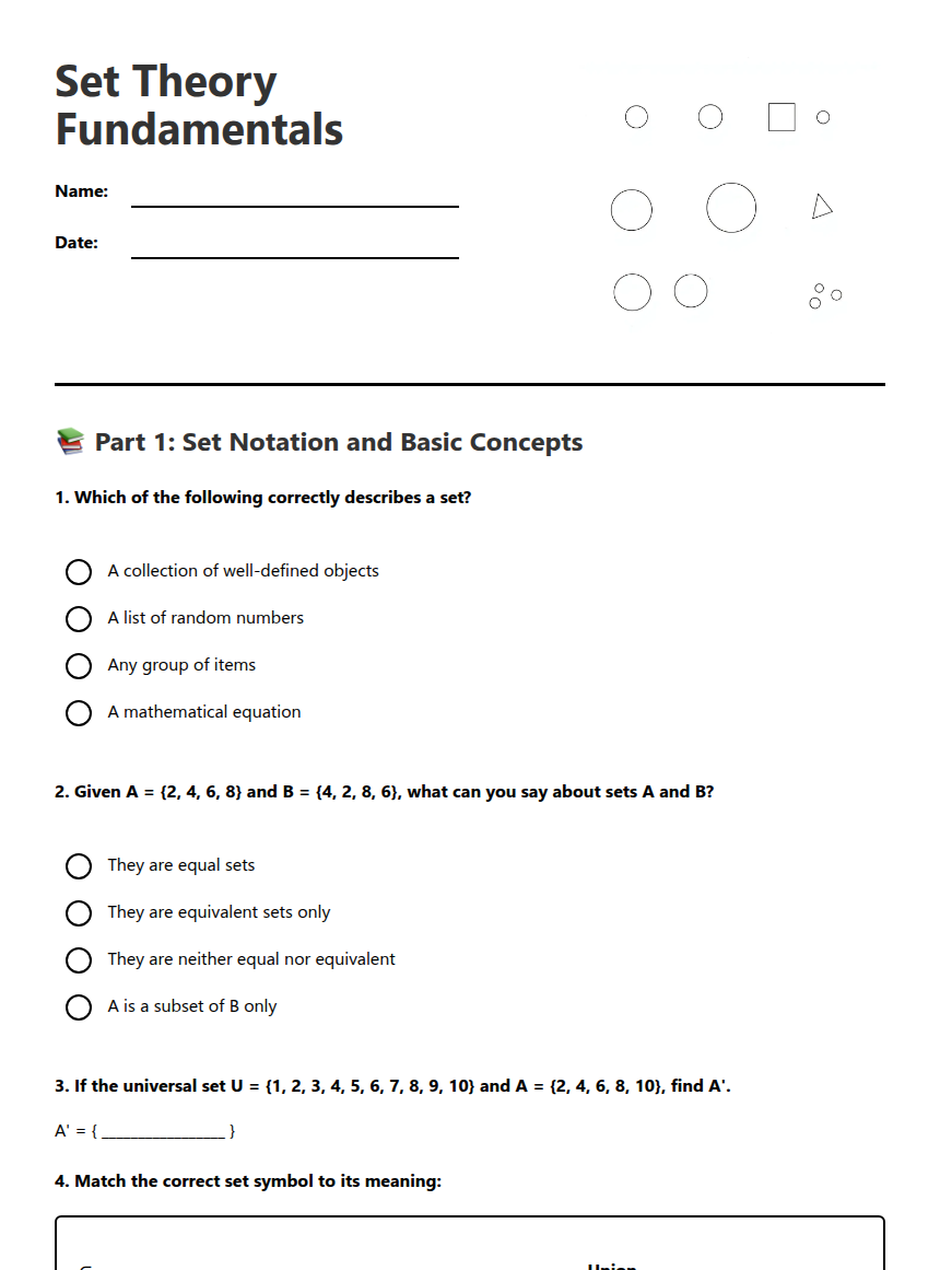 Set Theory Fundamentals — Free Printable Worksheet for Mathematics ...