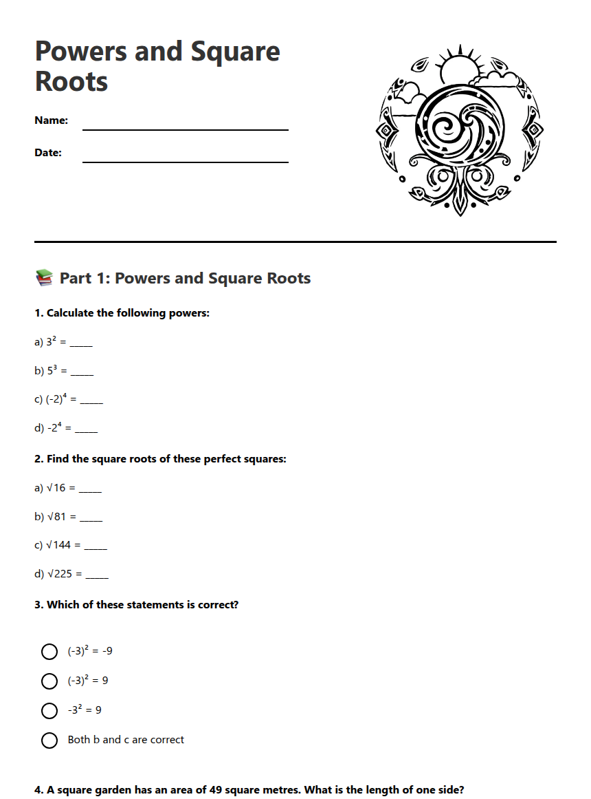 Powers and Square Roots — Free Printable Worksheet for Maths | Kuraplan