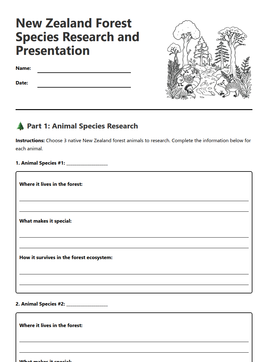 New Zealand Forest Species — Free Printable Worksheet for Science ...