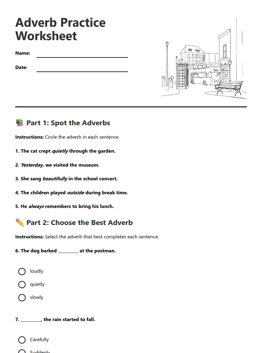 Adverb Practice Worksheet — Free Printable Worksheet for English | Kuraplan