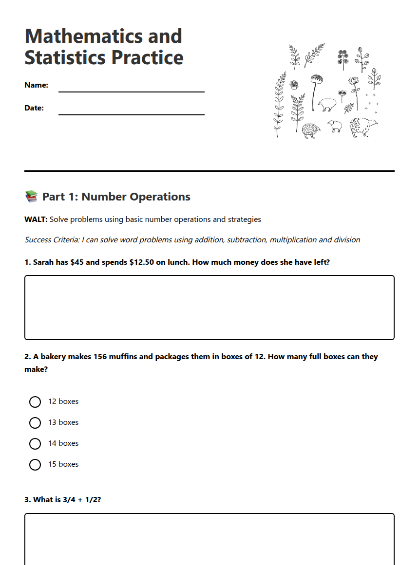 Mathematics and Statistics Practice — Free Printable Worksheet for ...