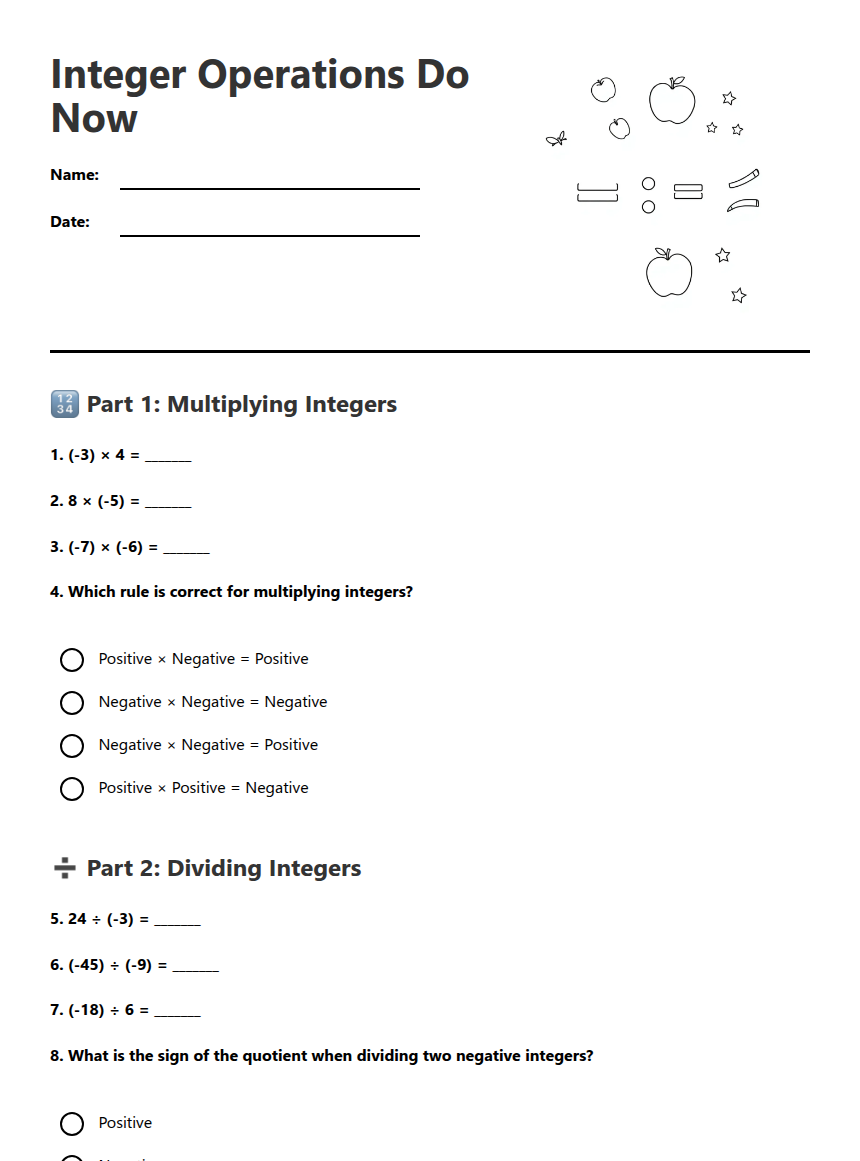 Integer Operations Do Now — Free Printable Worksheet for Mathematics ...