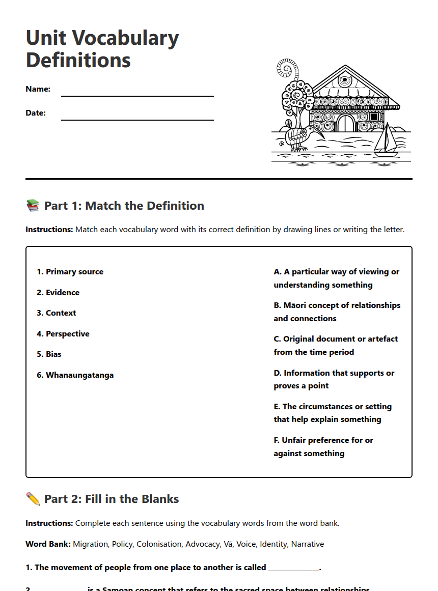 Unit Vocabulary Definitions — Free Printable Worksheet for NZ History ...