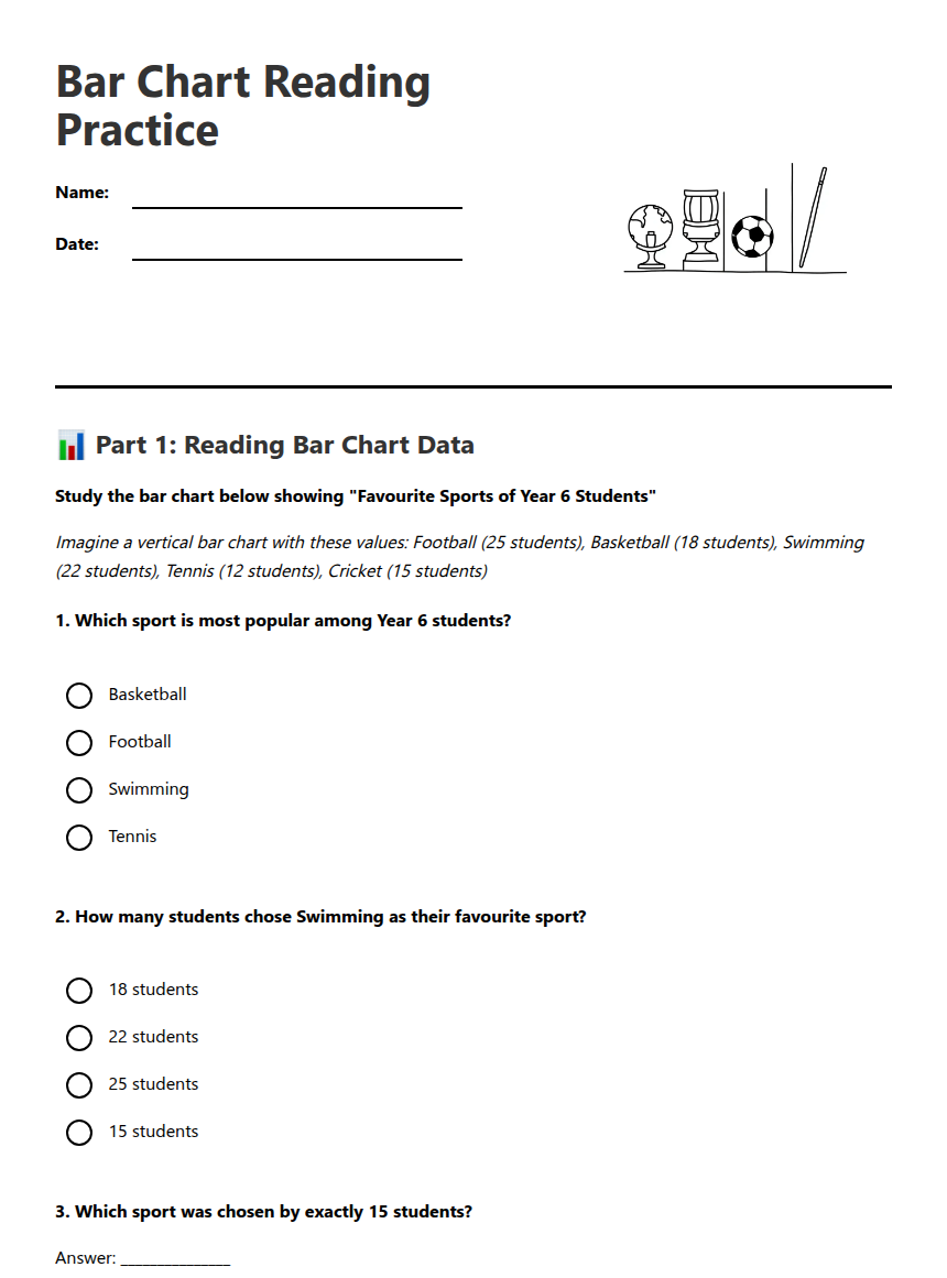 Bar Chart Reading Practice — Free Printable Worksheet for Mathematics ...