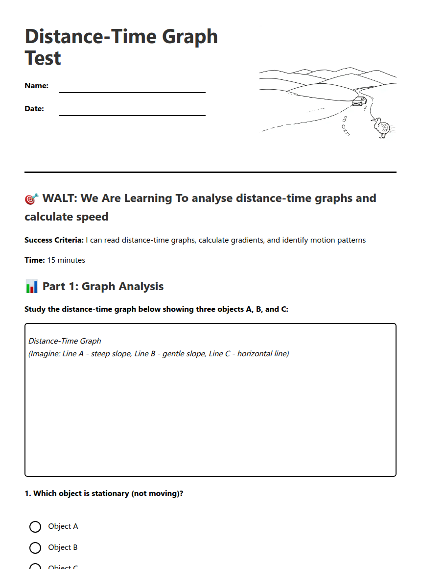 Distance-Time Graph Test — Free Printable Worksheet for Maths | Kuraplan
