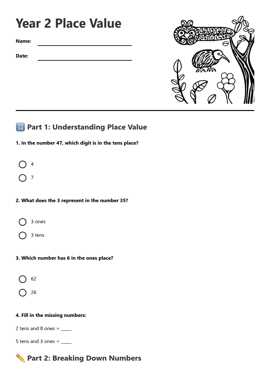 Year 2 Place Value — Free Printable Worksheet for Maths | Kuraplan
