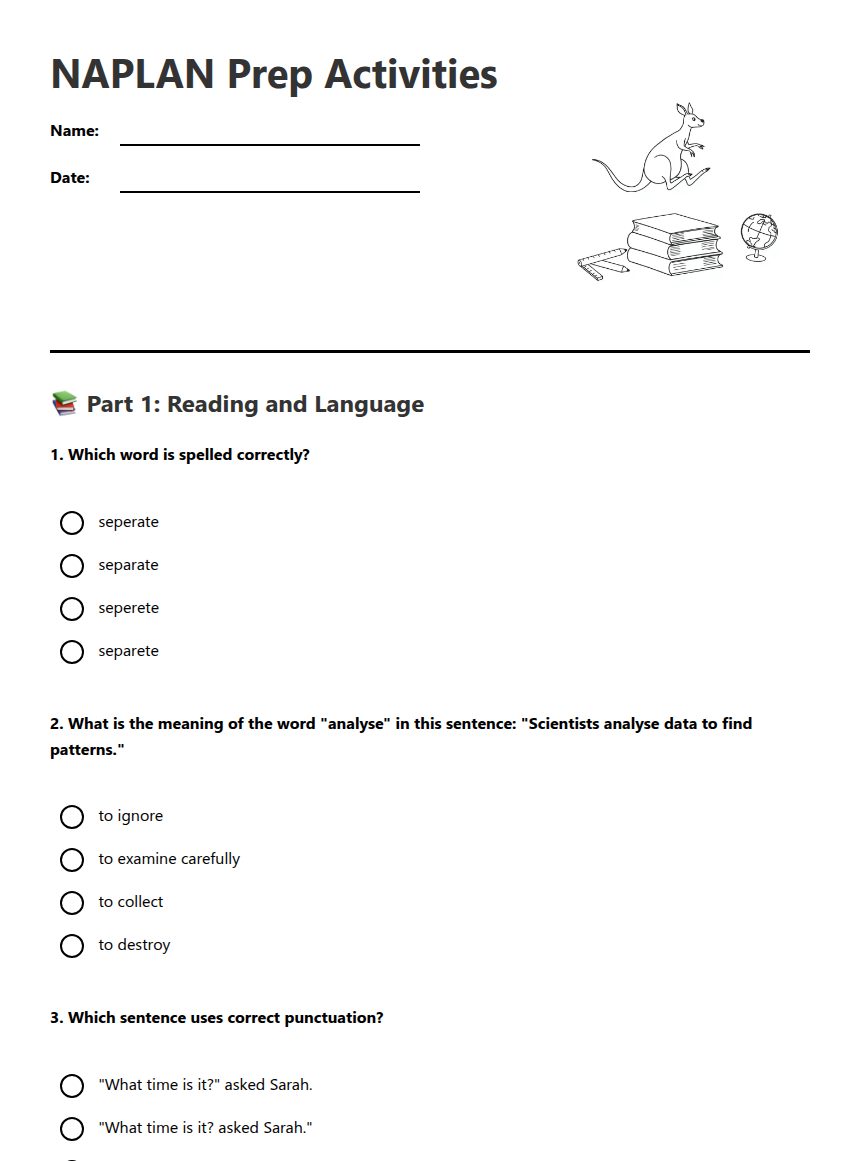 NAPLAN Prep Activities — Free Printable Worksheet for English | Kuraplan