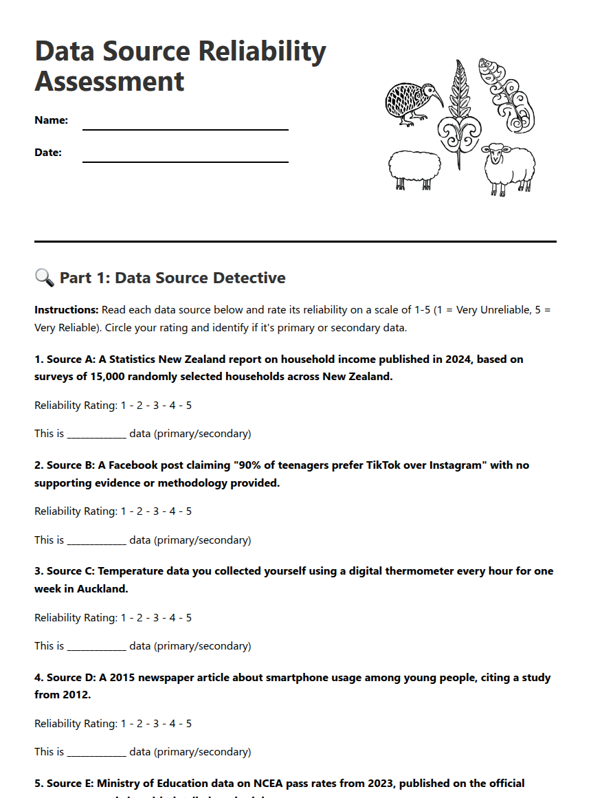Data Source Reliability Assessment — Free Printable Worksheet for Maths ...