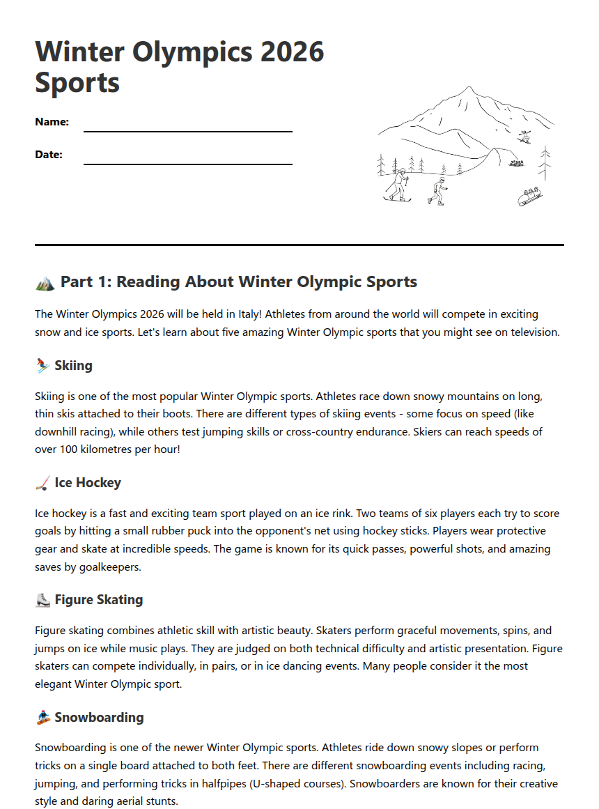 Winter Olympics 2026 Sports — Free Printable Worksheet for English ...