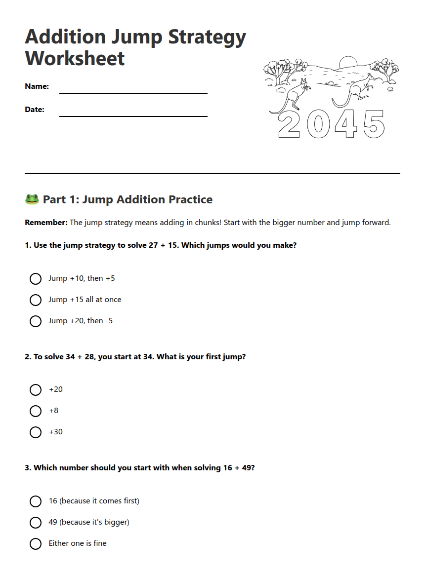 Jump Math Sample Lesson Addition Jump Strategy Worksheet — Free Printable Worksheet for ...