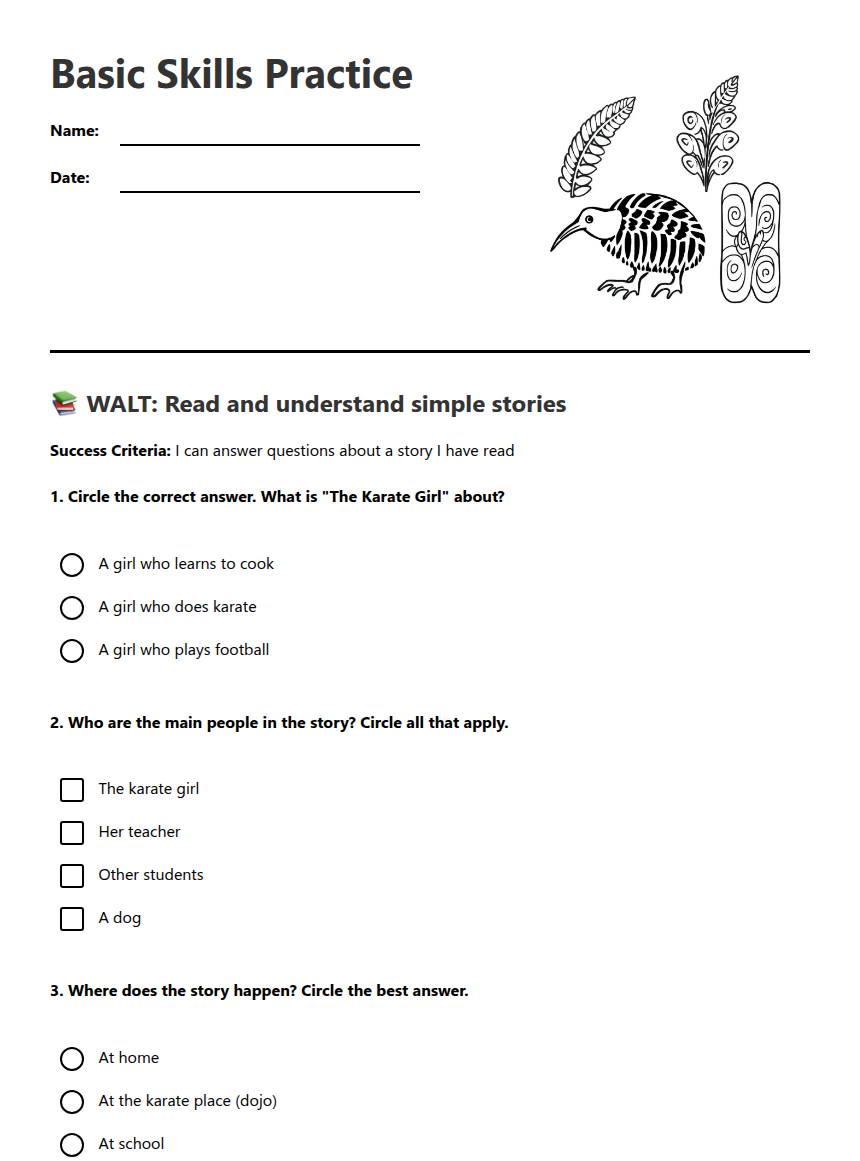 Basic Skills Practice — Free Printable Worksheet for English | Kuraplan
