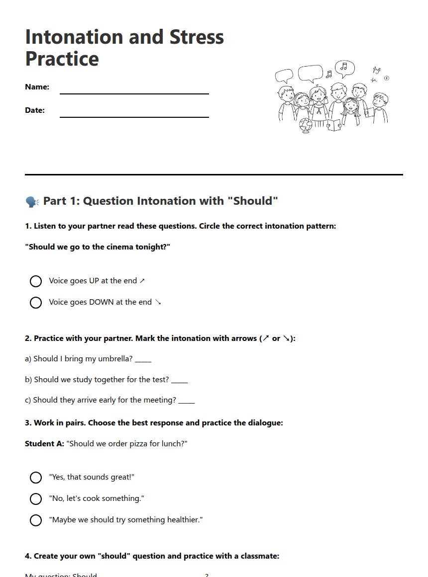 Intonation and Stress Practice — Free Printable Worksheet for English ...