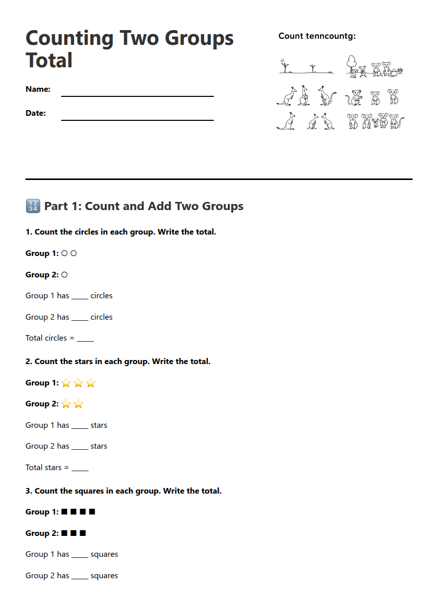 Group Task 2 Math Sheet.pdf Counting Two Groups Total — Free Printable Worksheet for Maths | Kuraplan