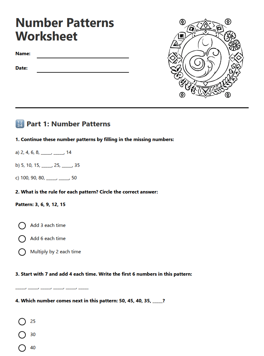 Number Patterns Worksheet — Free Printable Worksheet for Maths | Kuraplan