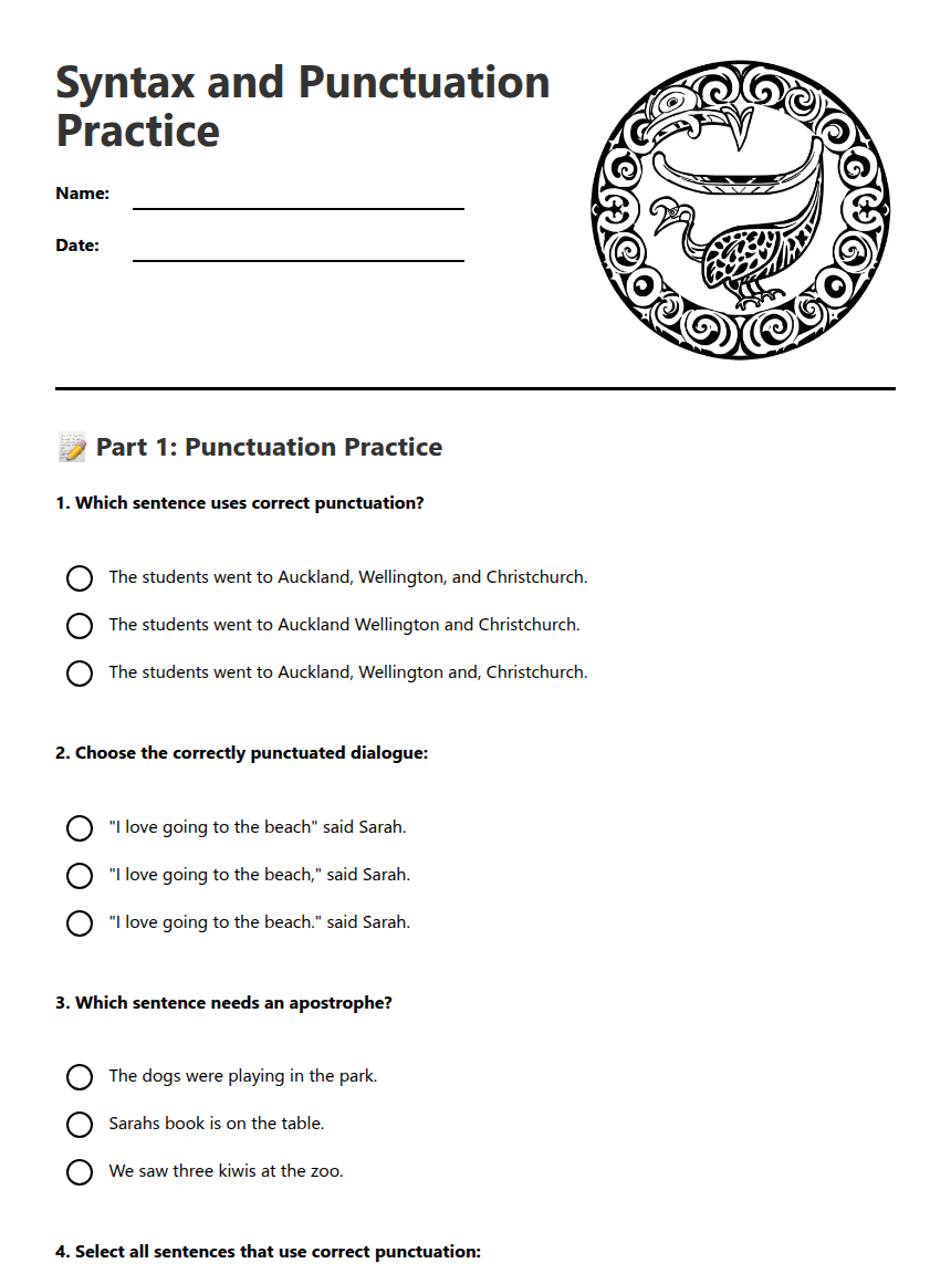 Syntax and Punctuation Practice — Free Printable Worksheet for English ...