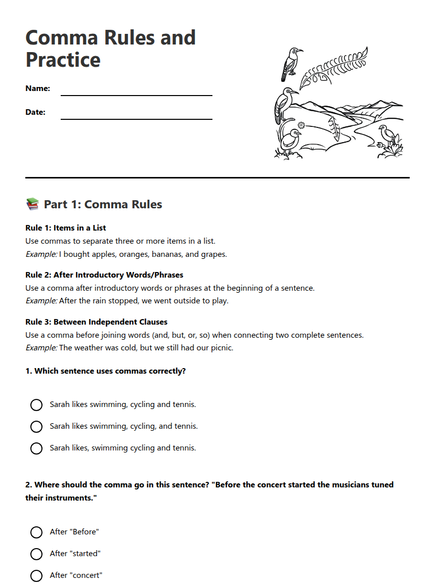 Comma Rules and Practice — Free Printable Worksheet for English | Kuraplan