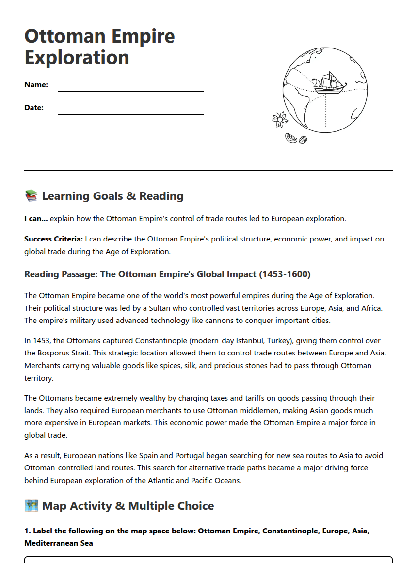 Ottoman Empire Exploration — Free Printable Worksheet for History ...