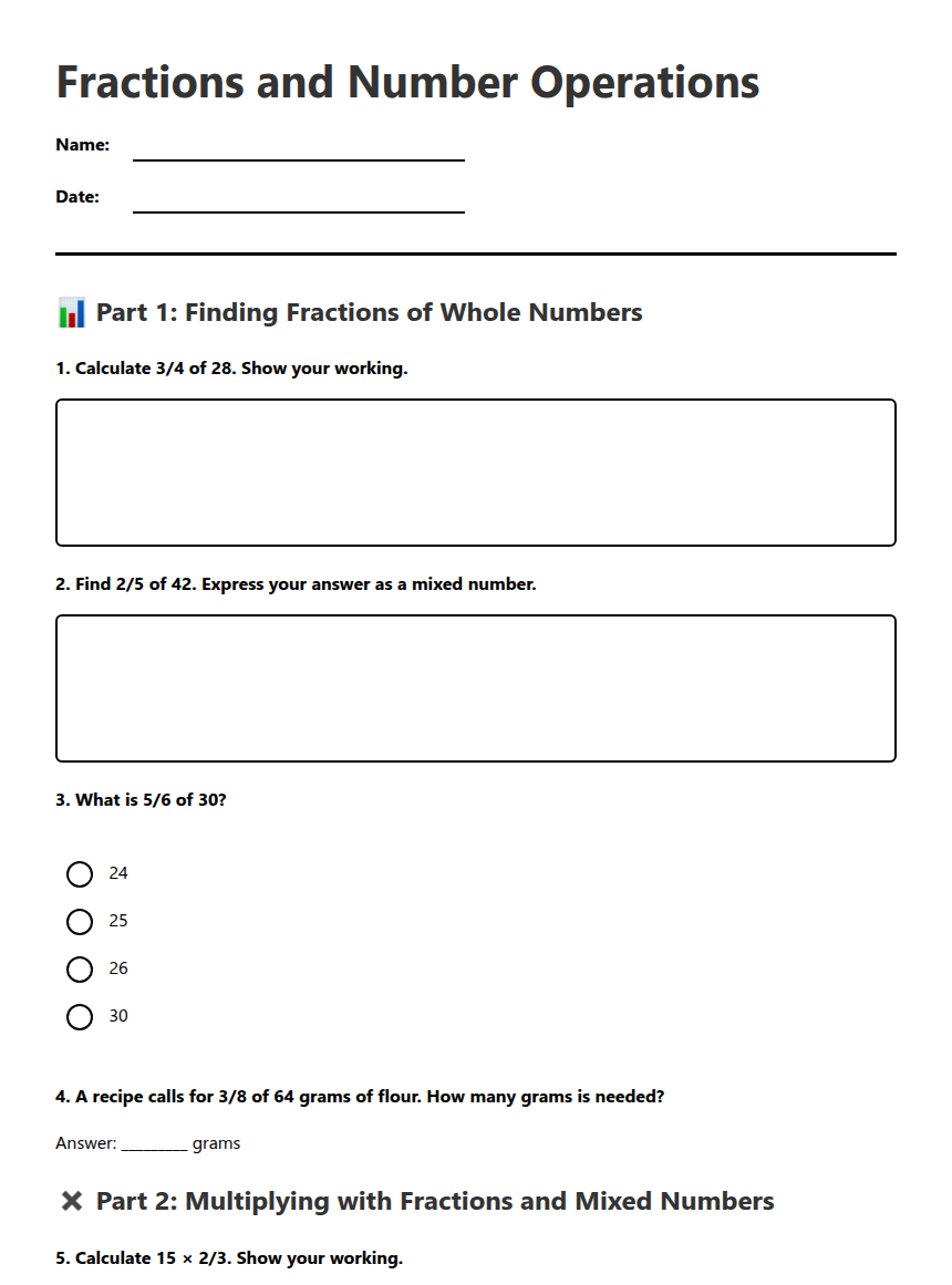 Fractions and Number Operations — Free Printable Worksheet for Maths ...