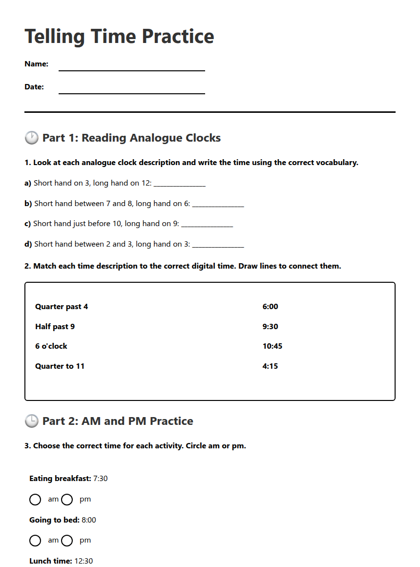 Telling Time Practice — Free Printable Worksheet for Maths | Kuraplan