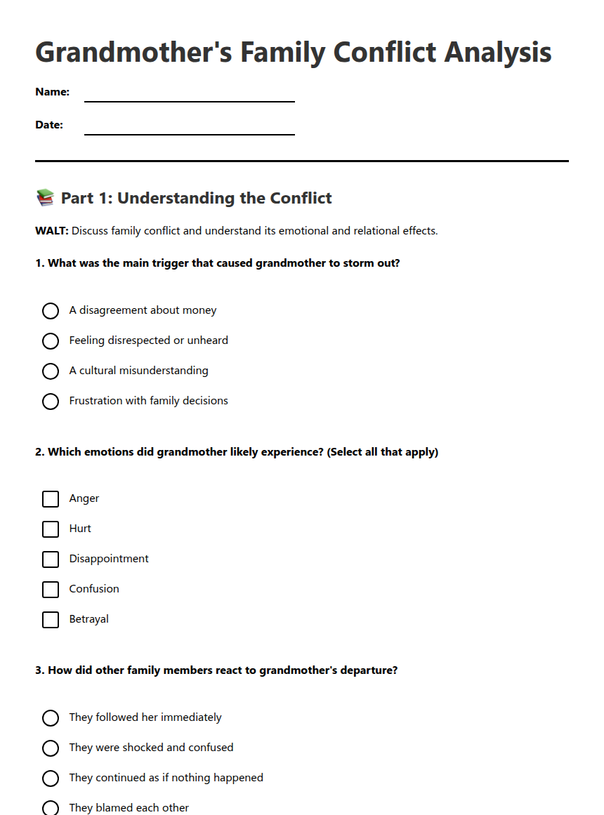 Family Issues Worksheet.pdf Grandmother's Family Conflict Analysis — Free Printable Worksheet for ...