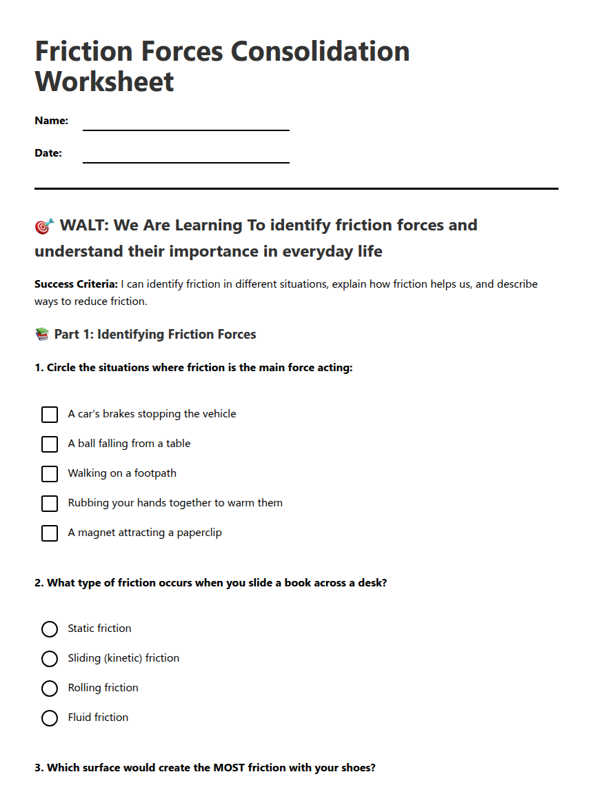 Normal And Friction Force Worksheet.pdf Friction Forces Consolidation Worksheet — Free Printable Worksheet for ...