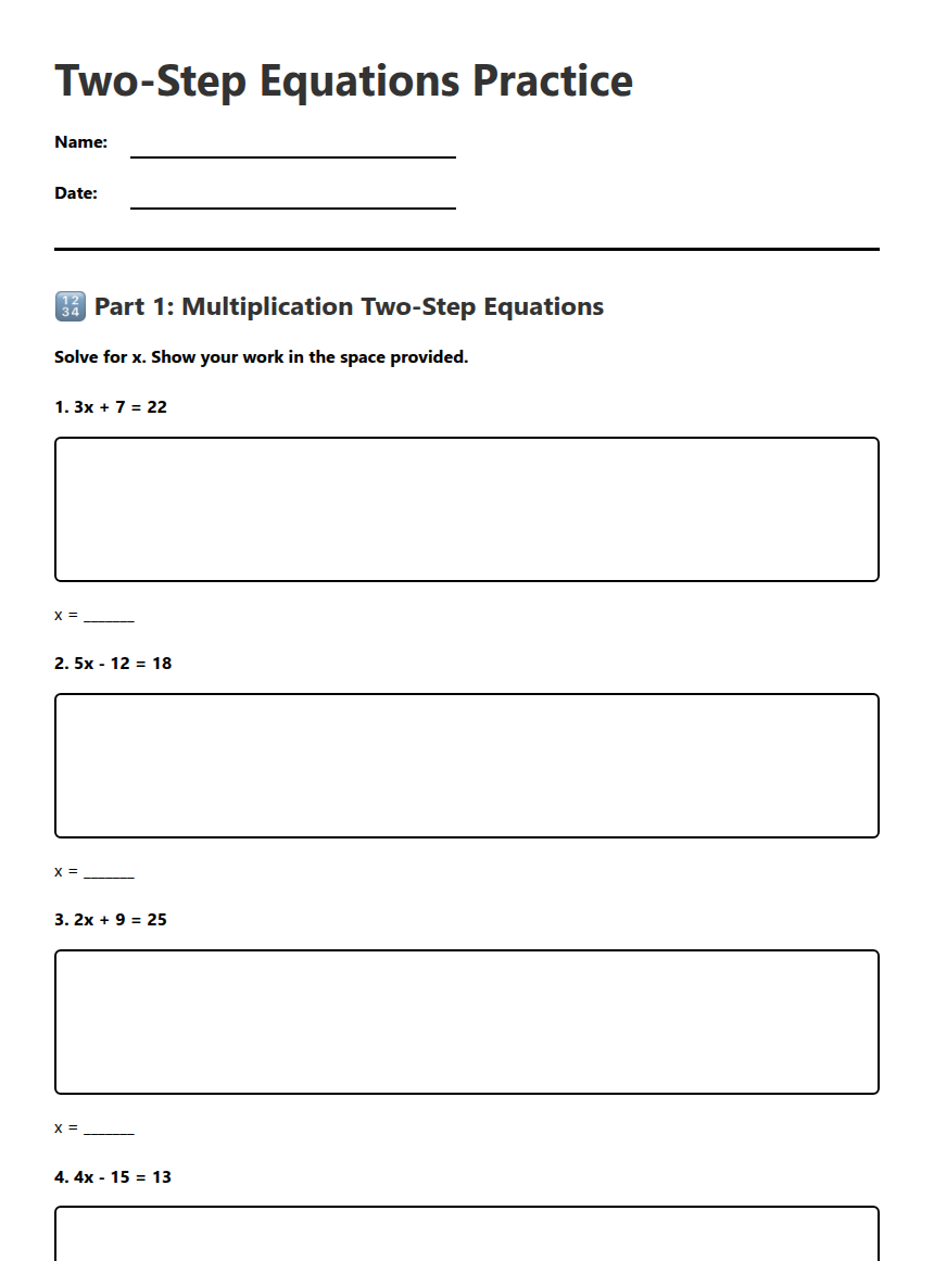 Two-Step Equations Practice — Free Printable Worksheet for Mathematics ...