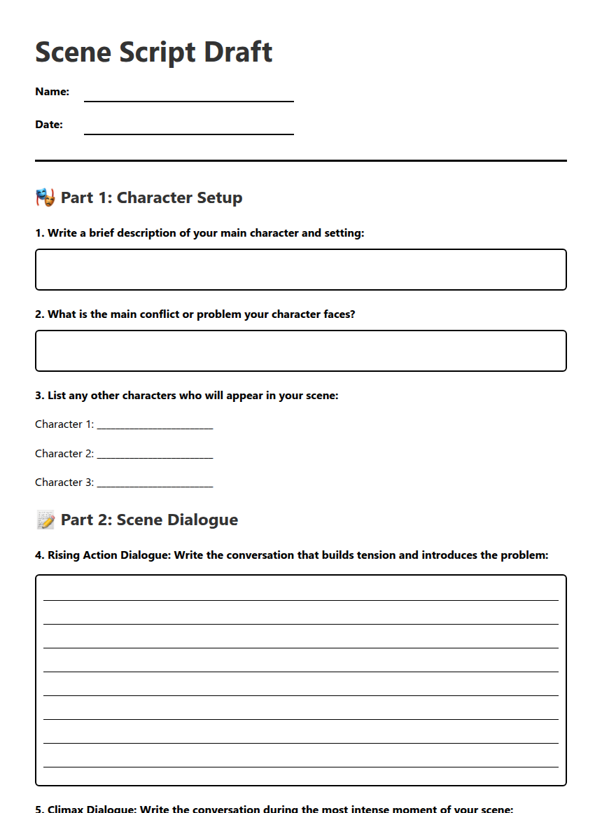 Scene Script Draft — Free Printable Worksheet for Drama | Kuraplan