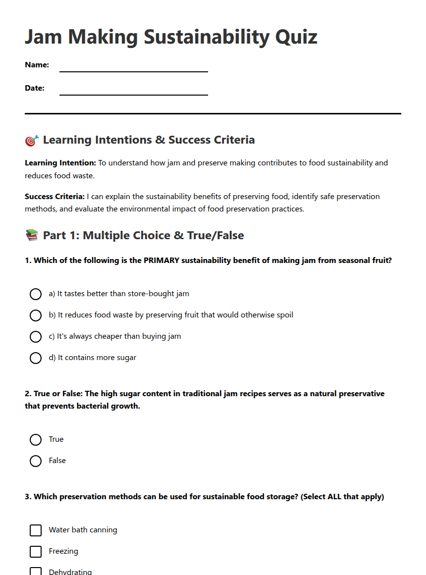 Jam Making Sustainability Quiz — Free Printable Worksheet for Health ...