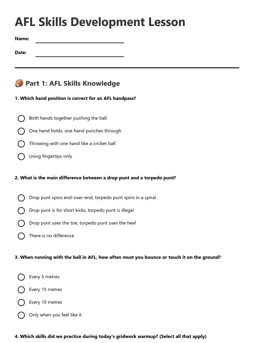 AFL Skills Development Lesson — Free Printable Worksheet for PE | Kuraplan