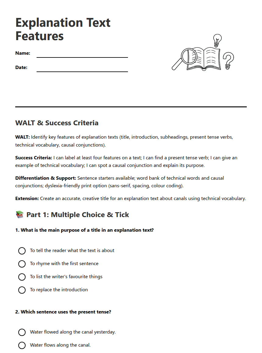 Explanation Text Features — Free Printable Worksheet for English | Kuraplan