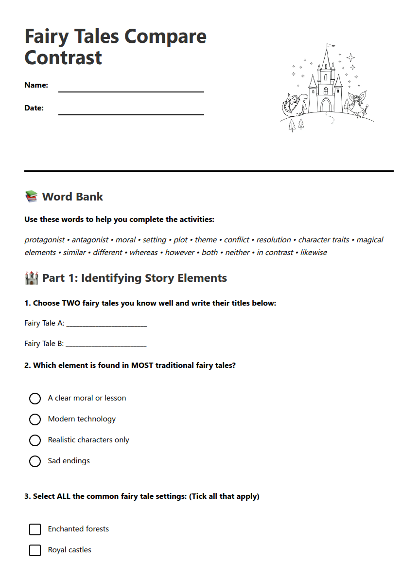 Fairy Tales Compare Contrast — Free Printable Worksheet for English ...