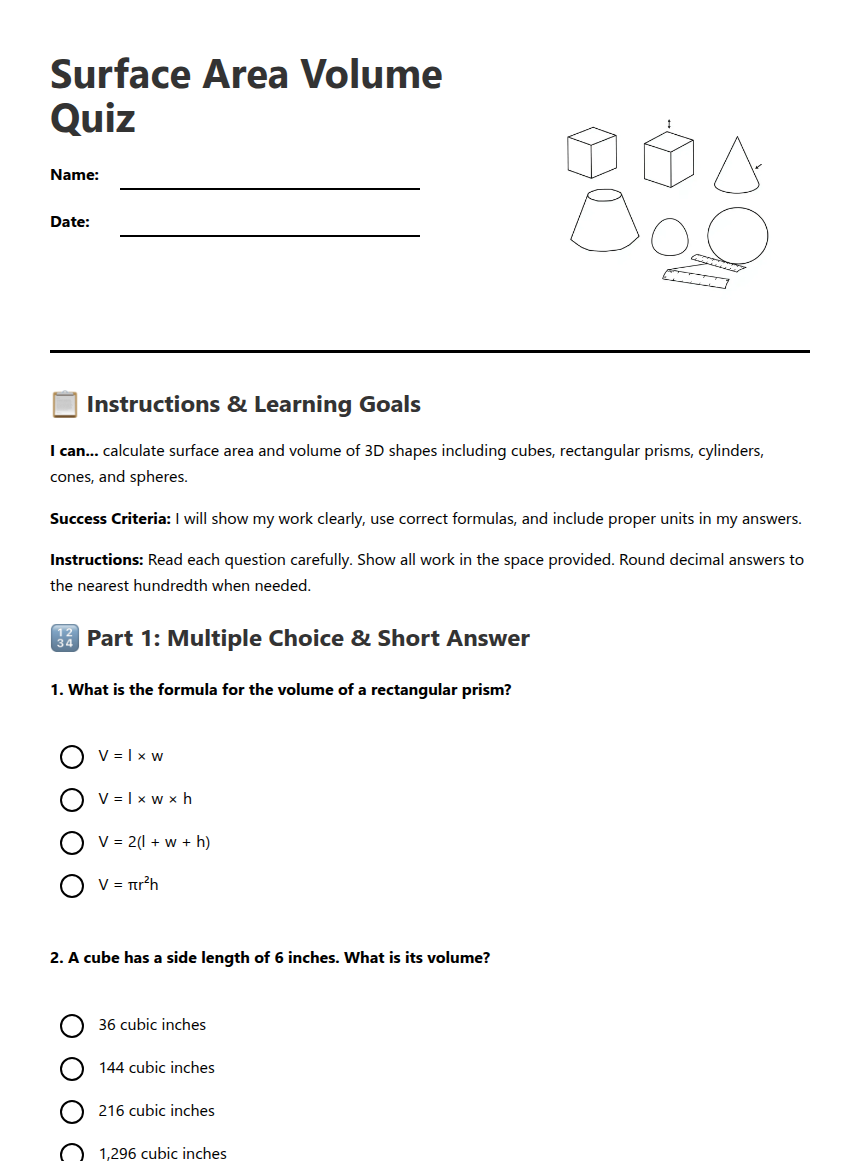 Surface Area Volume Quiz — Free Printable Worksheet for Mathematics ...