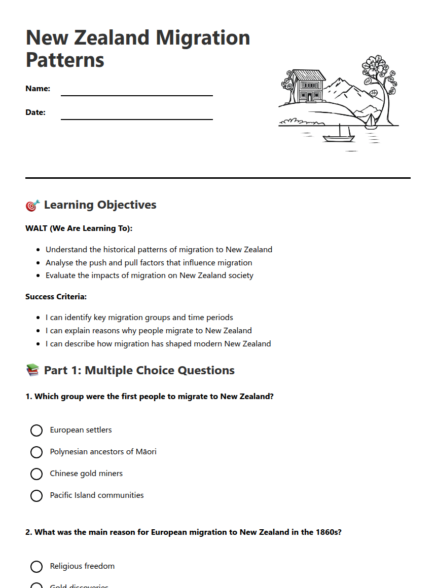 New Zealand Migration Patterns — Free Printable Worksheet for Social ...