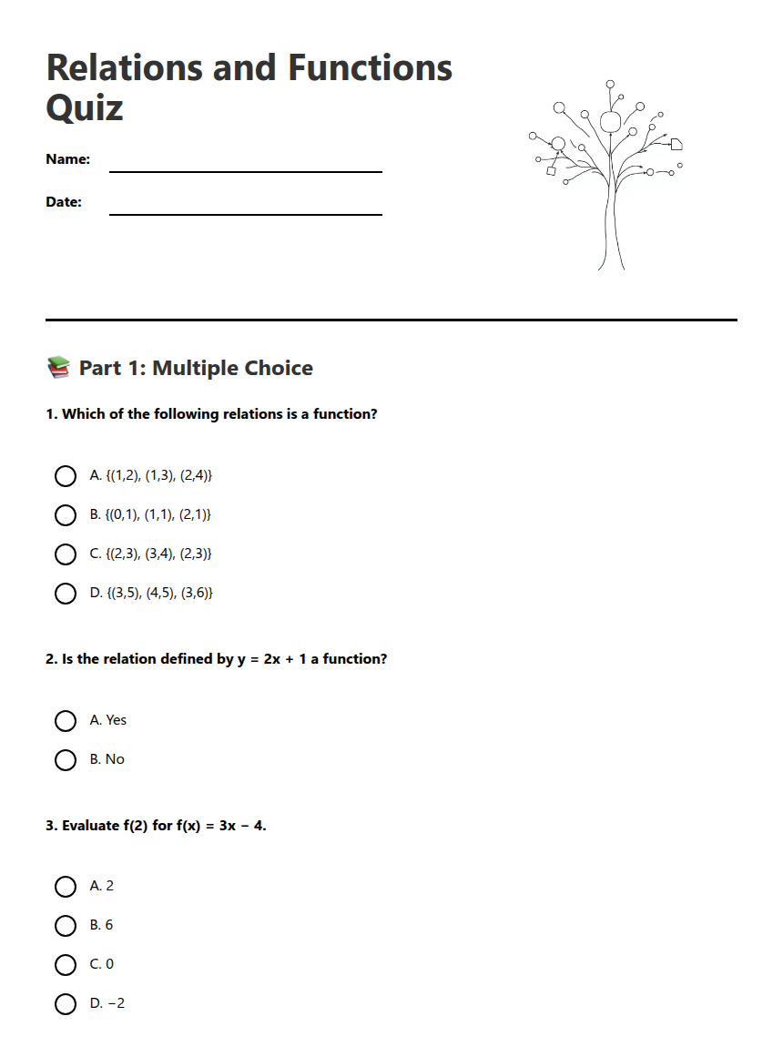 Relations and Functions Quiz — Free Printable Worksheet for Mathematics ...