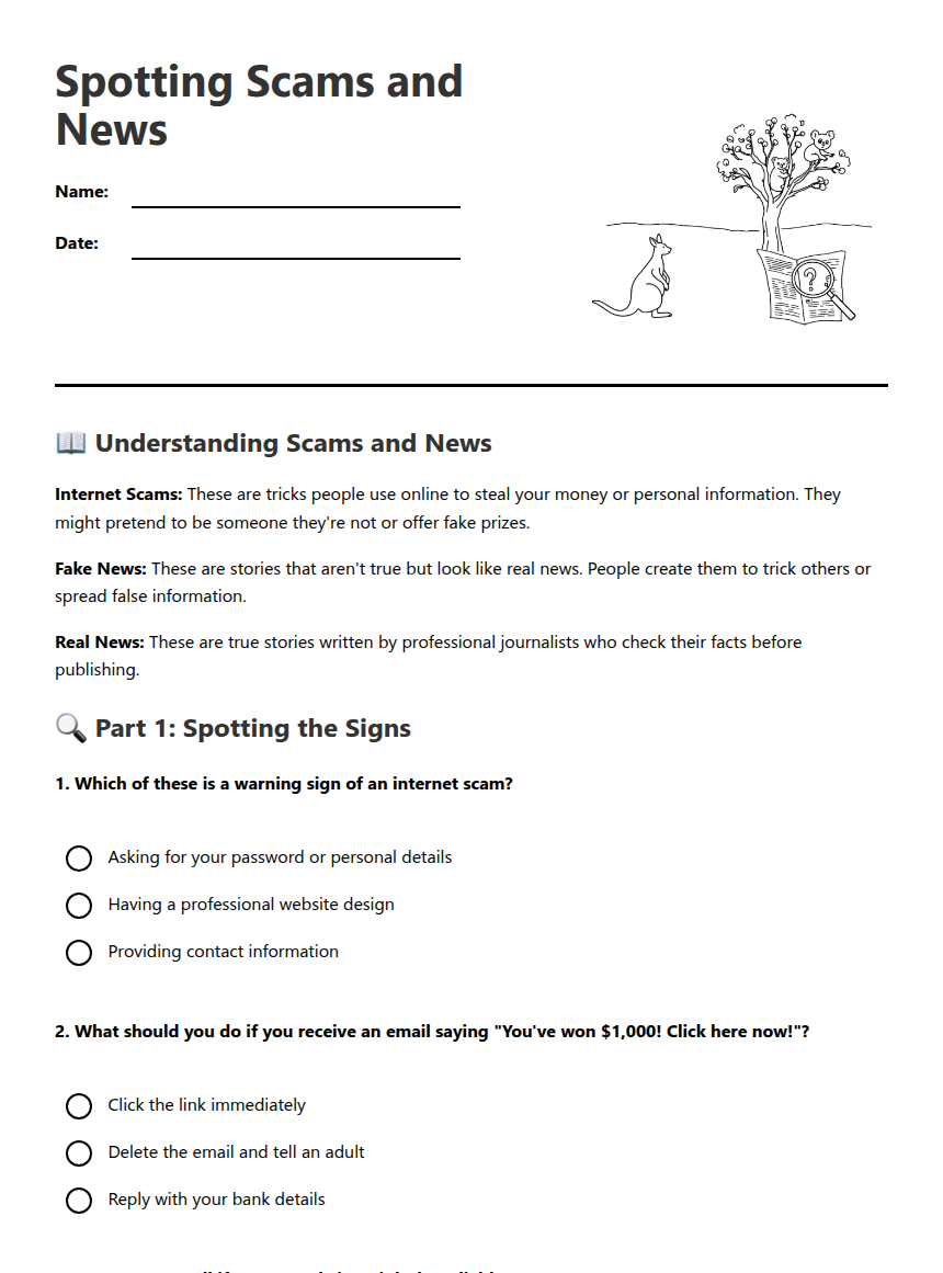 Spotting Scams and News — Free Printable Worksheet for Other | Kuraplan